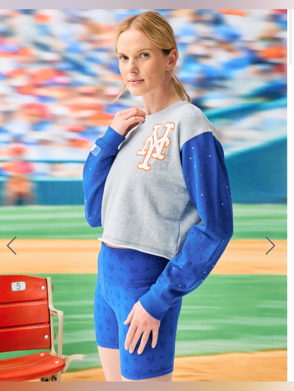 METS COLORBLOCK RAW HEM GEMS CROPPED CREW IN BLUE